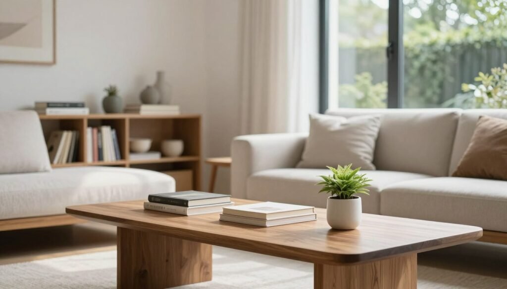 A serene, minimalist living space showcasing organization and harmony. In the foreground, a stylish yet simple wooden coffee table holds a few neatly arranged books and a small plant in a clean white pot. The middle ground features a cozy couch with neutral-colored cushions, accompanied by a neatly organized bookshelf filled with curated decor items. In the background, large windows bathe the room in natural light, revealing a view of a tranquil garden. Soft shadows create a warm and inviting atmosphere. The overall color palette is earthy, emphasizing whites, browns, and greens, evoking a sense of calm and simplicity, resonating with minimalist aesthetics. The setting is devoid of clutter, underscoring the theme of organized living. A serene, minimalist living space showcasing organization and harmony. In the foreground, a stylish yet simple wooden coffee table holds a few neatly arranged books and a small plant in a clean white pot. The middle ground features a cozy couch with neutral-colored cushions, accompanied by a neatly organized bookshelf filled with curated decor items. In the background, large windows bathe the room in natural light, revealing a view of a tranquil garden. Soft shadows create a warm and inviting atmosphere. The overall color palette is earthy, emphasizing whites, browns, and greens, evoking a sense of calm and simplicity, resonating with minimalist aesthetics. The setting is devoid of clutter, underscoring the theme of organized living.