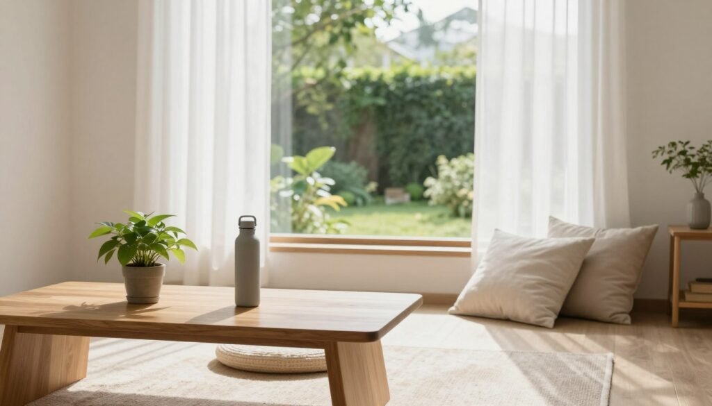 A serene, minimalist room filled with natural light, showcasing sustainable living. In the foreground, a neatly arranged wooden table with a single potted plant and a reusable water bottle. In the middle, a comfortable, uncluttered seating area with soft pillows and a neutral-colored rug. The background features a large window with sheer curtains that gently diffuse sunlight, revealing a lush green garden visible outside. The atmosphere is calm and inviting, emphasizing simplicity and conscious consumption. The lighting is bright yet soft, enhancing the peaceful ambiance. A wide-angle view captures the harmonious blend of functional decor and nature, symbolizing minimalism and mindful living.