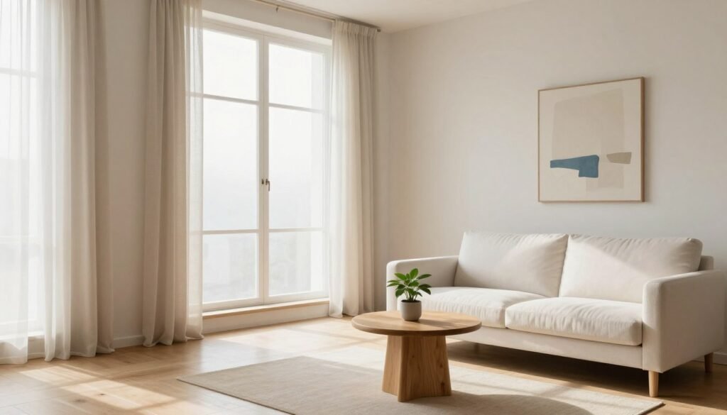 A serene minimalist scene showcasing a sunlit, sparsely furnished living room with natural wood elements. In the foreground, a simple white sofa adorned with a single green plant on a small, round wooden table. The middle layer features a large window allowing soft, diffused light to pour in, illuminating the delicate textures of neutral-colored curtains. In the background, a bare wall with a single piece of abstract art reflecting calm tones of blue and beige. The atmosphere is tranquil and inviting, conveying the essence of minimalism with harmony and openness. The composition should use a wide-angle lens to capture the spaciousness, bathed in warm, natural lighting to enhance the peaceful ambiance.