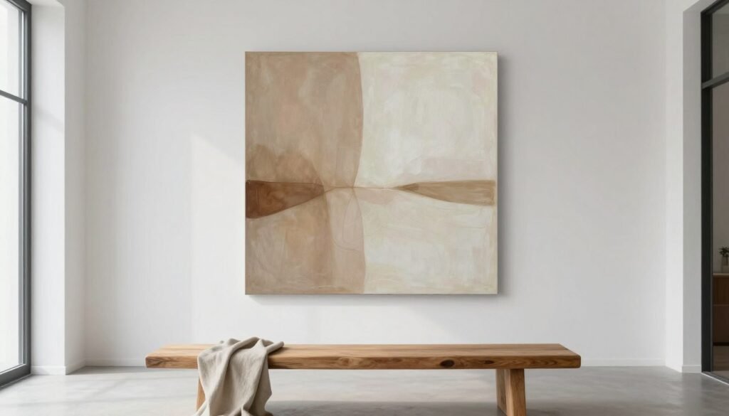 A serene minimalist space featuring a clean white wall as the background, adorned with a single, large abstract painting of soft earth tones—muted browns and gentle whites—evoking a sense of calm. In the foreground, a simple wooden bench provides a place for contemplation, draped with a neutral fabric that adds texture without clutter. Soft, diffused natural light filters in from a large window, casting gentle shadows and highlighting the simplicity of the composition. The atmosphere is tranquil, urging viewers to immerse themselves in the essence of minimalism, emphasizing the beauty of simplicity and the sensory experience of the artwork. The angle is slightly elevated, allowing a full view of the space while maintaining an inviting perspective. A serene minimalist space featuring a clean white wall as the background, adorned with a single, large abstract painting of soft earth tones—muted browns and gentle whites—evoking a sense of calm. In the foreground, a simple wooden bench provides a place for contemplation, draped with a neutral fabric that adds texture without clutter. Soft, diffused natural light filters in from a large window, casting gentle shadows and highlighting the simplicity of the composition. The atmosphere is tranquil, urging viewers to immerse themselves in the essence of minimalism, emphasizing the beauty of simplicity and the sensory experience of the artwork. The angle is slightly elevated, allowing a full view of the space while maintaining an inviting perspective.