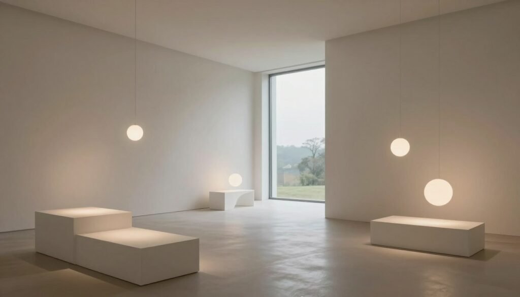 A serene minimalist space featuring soft, diffused lighting that creates gentle shadows on the walls. In the foreground, sleek white furniture with geometric designs is arranged simply yet elegantly. The middle ground includes a few abstract installations, such as a series of suspended light fixtures that resemble floating orbs, scattered throughout the room. In the background, large windows reveal a tranquil outdoor view, allowing natural light to flood the space and evoke a peaceful atmosphere. The overall mood is calm and contemplative, embodying the essence of minimalist art, with a focus on simplicity and form. Capture this scene from a slightly elevated angle to enhance the depth and perspective, emphasizing the balance and harmony of the design.
