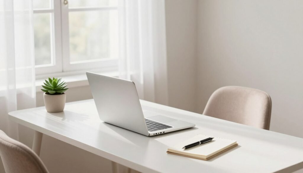 A serene minimalist workspace featuring a clean desk with a few essential items: a sleek laptop, a potted succulent, and a single notepad with a pen, all in soft pastel colors. In the background, a large window with sheer curtains allows natural light to filter through, casting gentle shadows across the room. The walls are painted in a light tone to enhance the airy atmosphere. A comfortable chair sits nearby, inviting focus and calm. The overall mood is peaceful and inviting, promoting the idea of simplicity and clarity. The image should have a bright, well-lit ambiance, emphasizing clean lines and uncluttered spaces, captured from a slightly elevated angle to showcase the entire setup harmoniously.