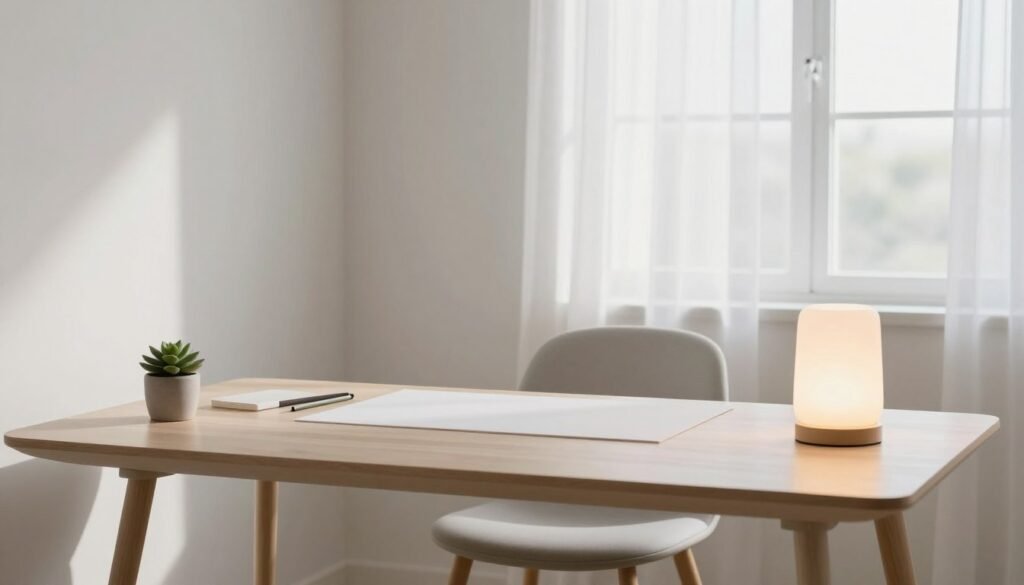 A serene minimalist workspace featuring a clean desk with a soft color palette of whites, light grays, and muted pastels. In the foreground, a simple wooden table holds a few elegant design tools, a small potted succulent, and a minimalistic lamp emitting warm, inviting light. The middle ground shows a stylish, minimalist chair, positioned perfectly for creative thinking. The background features a large window with sheer curtains, allowing natural light to flood in, casting gentle shadows across the room. The setting exudes tranquility and inspiration, ideal for practical tips on minimalist projects. The atmosphere should feel calming and focused, evoking a sense of clarity and purpose in design. A serene minimalist workspace featuring a clean desk with a soft color palette of whites, light grays, and muted pastels. In the foreground, a simple wooden table holds a few elegant design tools, a small potted succulent, and a minimalistic lamp emitting warm, inviting light. The middle ground shows a stylish, minimalist chair, positioned perfectly for creative thinking. The background features a large window with sheer curtains, allowing natural light to flood in, casting gentle shadows across the room. The setting exudes tranquility and inspiration, ideal for practical tips on minimalist projects. The atmosphere should feel calming and focused, evoking a sense of clarity and purpose in design.