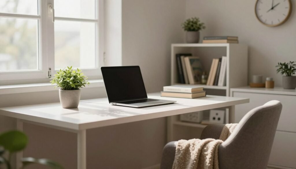 A serene, minimalist workspace featuring a clean, uncluttered desk with a single potted plant and a closed laptop, reflecting a sense of calm and focus. In the foreground, a cozy armchair with a soft throw blanket invites relaxation, while natural light filters softly through a large window, casting gentle shadows. The middle ground showcases an open bookshelf with a few carefully selected books and decorative items, embodying thoughtful curation. In the background, neutral-toned walls and a simple clock add to the ambiance, emphasizing a tranquil atmosphere. The mood is peaceful and inspiring, encouraging a sense of transformation and mindful living. Use a wide-angle lens with soft lighting to capture the inviting space, ensuring no people are present. A serene, minimalist workspace featuring a clean, uncluttered desk with a single potted plant and a closed laptop, reflecting a sense of calm and focus. In the foreground, a cozy armchair with a soft throw blanket invites relaxation, while natural light filters softly through a large window, casting gentle shadows. The middle ground showcases an open bookshelf with a few carefully selected books and decorative items, embodying thoughtful curation. In the background, neutral-toned walls and a simple clock add to the ambiance, emphasizing a tranquil atmosphere. The mood is peaceful and inspiring, encouraging a sense of transformation and mindful living. Use a wide-angle lens with soft lighting to capture the inviting space, ensuring no people are present.