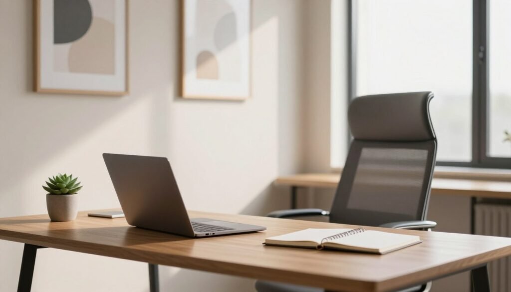 A serene minimalist workspace in a modern office setting. In the foreground, a sleek wooden desk with a single laptop, a potted succulent, and a neatly arranged notebook. The middle ground features a comfortable ergonomic chair and a large window allowing natural light to flood the space, casting soft shadows. The background displays a calming, neutral-colored wall with a few framed abstract art pieces. The atmosphere is tranquil and focused, conveying a sense of productivity and clarity. Soft, ambient lighting enhances the serenity, and a slight depth of field blurs any distractions outside the window. The overall mood is organized and inspiring, reflecting the essence of minimalism at work. A serene minimalist workspace in a modern office setting. In the foreground, a sleek wooden desk with a single laptop, a potted succulent, and a neatly arranged notebook. The middle ground features a comfortable ergonomic chair and a large window allowing natural light to flood the space, casting soft shadows. The background displays a calming, neutral-colored wall with a few framed abstract art pieces. The atmosphere is tranquil and focused, conveying a sense of productivity and clarity. Soft, ambient lighting enhances the serenity, and a slight depth of field blurs any distractions outside the window. The overall mood is organized and inspiring, reflecting the essence of minimalism at work.