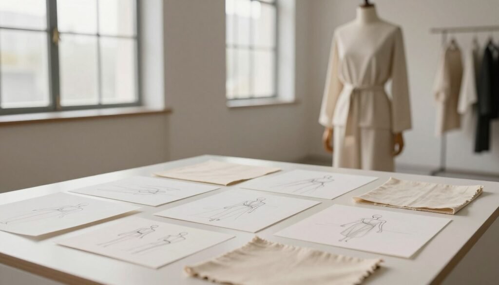 A serene, minimalistic fashion studio setting, showcasing the evolution of minimalism in fashion. In the foreground, a carefully arranged display of elegant fashion sketches and fabric swatches in neutral tones, with a focus on clean lines and simple forms. The middle layer features a tasteful mannequin dressed in a timeless, minimalist outfit, reflecting understated elegance. In the background, large windows allow soft, natural light to illuminate the space, casting gentle shadows. The atmosphere is tranquil and sophisticated, evoking a sense of refinement and simplicity. The lens should capture the scene in a slightly angled view, highlighting the interplay of light and textures, creating a harmonious balance that embodies the essence of minimalism in fashion history. A serene, minimalistic fashion studio setting, showcasing the evolution of minimalism in fashion. In the foreground, a carefully arranged display of elegant fashion sketches and fabric swatches in neutral tones, with a focus on clean lines and simple forms. The middle layer features a tasteful mannequin dressed in a timeless, minimalist outfit, reflecting understated elegance. In the background, large windows allow soft, natural light to illuminate the space, casting gentle shadows. The atmosphere is tranquil and sophisticated, evoking a sense of refinement and simplicity. The lens should capture the scene in a slightly angled view, highlighting the interplay of light and textures, creating a harmonious balance that embodies the essence of minimalism in fashion history.