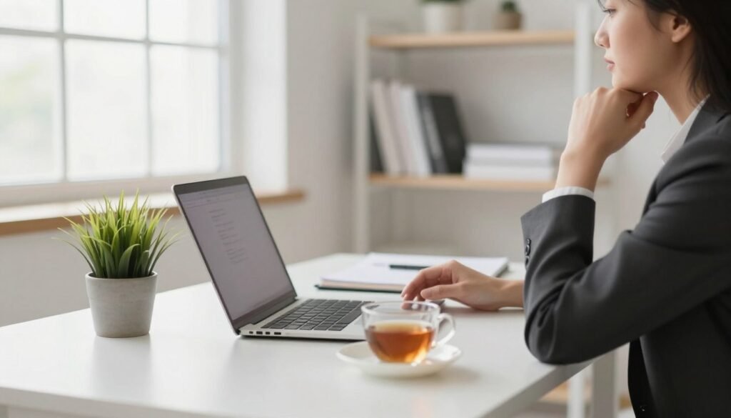 A serene, minimalistic workspace featuring a clean, clutter-free desk with a laptop, a small potted plant, and a cup of tea. In the foreground, a person in professional business attire is seated, deep in thought, reflecting a sense of calm and focus. The middle ground includes soft natural light streaming through a large window, illuminating the space. In the background, subtle shelves with a few carefully chosen books and decorative items emphasize simplicity and organization. The overall atmosphere is tranquil, promoting peace of mind, time efficiency, and financial freedom. Use a gentle, soft-focus lens effect to enhance the calming mood, creating a balanced and inviting scene that embodies the essence of minimalism.
