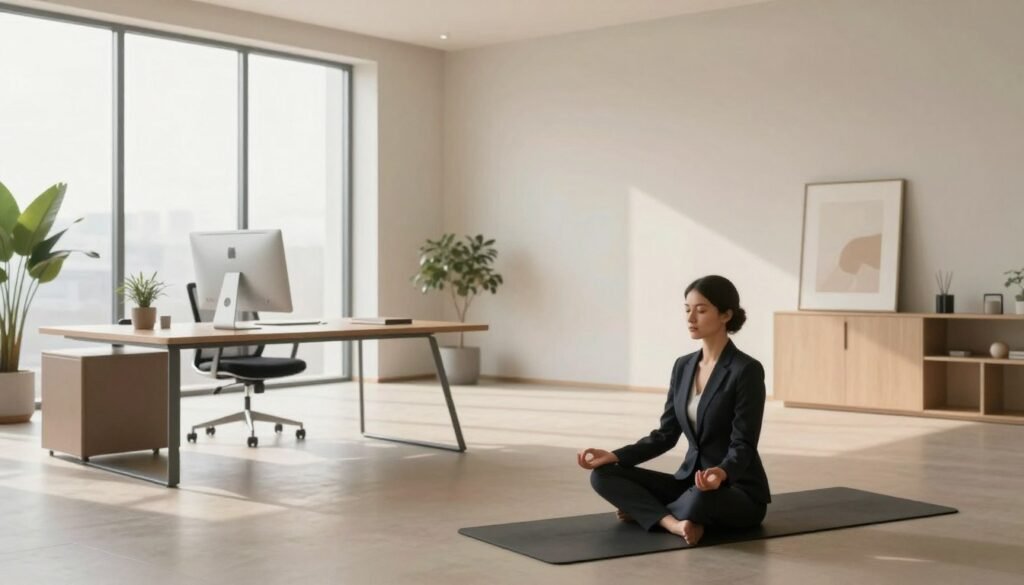 A serene modern office space embodying minimalism, featuring a sleek desk with a single computer, a potted plant, and a clean, organized aesthetic. In the foreground, a person in professional business attire is meditating on a yoga mat, symbolizing the tranquility that minimalism brings to mental well-being. The middle ground showcases a spacious room with large windows allowing natural light to flood in, creating a warm and inviting atmosphere. In the background, minimalist decor with neutral tones and simple artwork reflects a sense of calm. Use soft, diffused lighting to enhance the peaceful mood, and capture the scene from a slightly elevated angle to emphasize the spaciousness and serenity of the environment. A serene modern office space embodying minimalism, featuring a sleek desk with a single computer, a potted plant, and a clean, organized aesthetic. In the foreground, a person in professional business attire is meditating on a yoga mat, symbolizing the tranquility that minimalism brings to mental well-being. The middle ground showcases a spacious room with large windows allowing natural light to flood in, creating a warm and inviting atmosphere. In the background, minimalist decor with neutral tones and simple artwork reflects a sense of calm. Use soft, diffused lighting to enhance the peaceful mood, and capture the scene from a slightly elevated angle to emphasize the spaciousness and serenity of the environment.