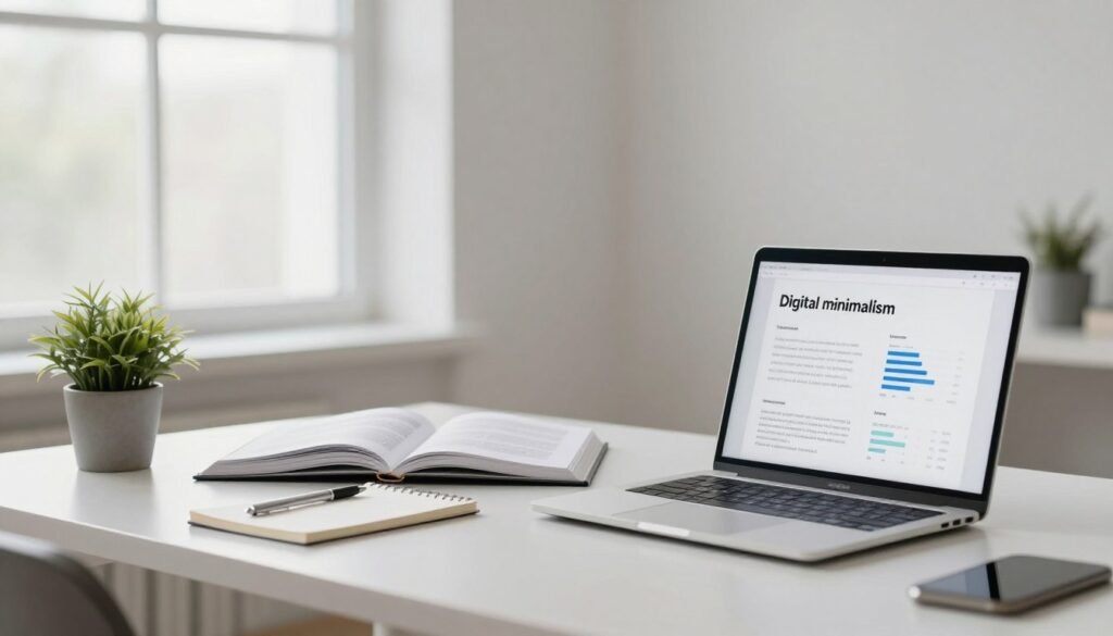 A serene, modern workspace showcasing inspirational case studies of digital minimalism. In the foreground, a clean desk with a sleek laptop, a notepad, and a small potted plant adds a touch of greenery. In the middle, open books and charts featuring data visualizations highlight successful examples of reducing online clutter. The background features large windows allowing soft, natural light to fill the room, enhancing the minimalistic atmosphere. The overall color scheme is calm and muted, with whites and light grays dominating, promoting a peaceful mindset. The mood is focused and conducive to creativity, conveying a sense of clarity and purpose in achieving digital minimalism.