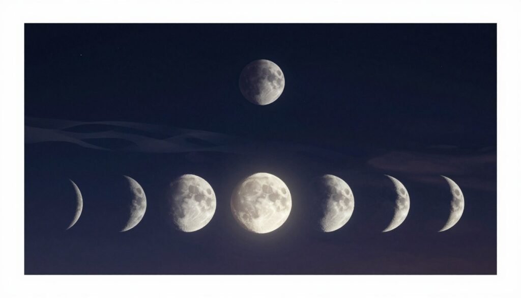 A serene night sky filled with the various phases of the moon, beautifully illustrated in a minimalist style. In the foreground, focus on a detailed depiction of the new moon, waxing crescent, first quarter, waxing gibbous, full moon, waning gibbous, last quarter, and waning crescent, all arranged artistically. The middle layer features subtle, abstract representations of the moon’s energy and symbolism, like gentle waves or soft clouds. The background showcases a dark, starry sky with a gradient from deep indigo to soft black, evoking a tranquil and reflective mood. The lighting is soft and ethereal, highlighting the phases of the moon while casting delicate shadows. Capture this scene with a wide-angle lens to enhance the celestial feel of the image. A serene night sky filled with the various phases of the moon, beautifully illustrated in a minimalist style. In the foreground, focus on a detailed depiction of the new moon, waxing crescent, first quarter, waxing gibbous, full moon, waning gibbous, last quarter, and waning crescent, all arranged artistically. The middle layer features subtle, abstract representations of the moon’s energy and symbolism, like gentle waves or soft clouds. The background showcases a dark, starry sky with a gradient from deep indigo to soft black, evoking a tranquil and reflective mood. The lighting is soft and ethereal, highlighting the phases of the moon while casting delicate shadows. Capture this scene with a wide-angle lens to enhance the celestial feel of the image.