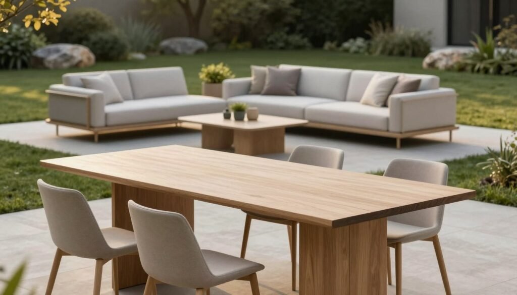 A serene outdoor setting showcasing minimalist furniture pieces that embody simplicity and elegance. In the foreground, feature a sleek wooden dining table with clean lines, surrounded by ergonomically designed chairs that reflect a natural palette. The middle ground should include a minimalist lounge area with a low-profile sofa and a geometric coffee table, all accented by minimalist decor like potted plants and simple cushions. The background features a tranquil garden with soft green grass and a few scattered rocks, creating a harmonious balance. The lighting is soft and warm, suggesting late afternoon, with a slight golden hue illuminating the scene. Capture the essence of outdoor living with a peaceful and inviting atmosphere, ideal for relaxation and gathering.
