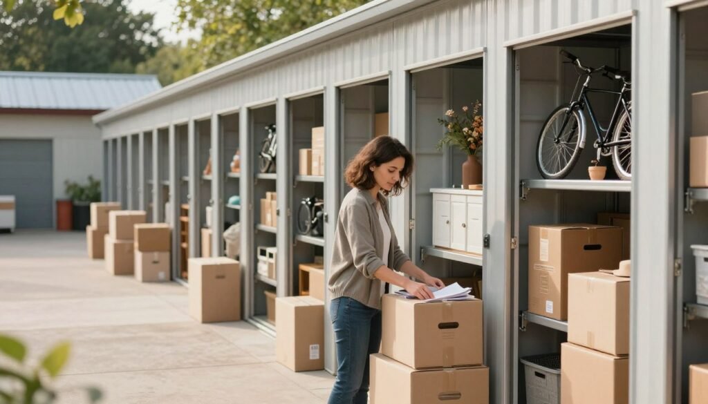 A serene self-storage facility, showcasing organized storage units lined in neat rows. In the foreground, a woman in smart casual attire carefully labels boxes and arranges items inside a unit, her expression focused and calm. In the middle ground, various locked storage units display a variety of personal belongings—bicycles, furniture, and seasonal decorations—neatly organized and accessible. The background features a well-maintained exterior with soft, natural lighting filtering through trees, creating a peaceful atmosphere. The lens captures a slightly angled view, emphasizing order, harmony, and the efficiency of utilizing self-storage to maintain a clutter-free lifestyle. The overall mood is tranquil and productive, inspiring a sense of relief from the burden of keeping too many items at home. A serene self-storage facility, showcasing organized storage units lined in neat rows. In the foreground, a woman in smart casual attire carefully labels boxes and arranges items inside a unit, her expression focused and calm. In the middle ground, various locked storage units display a variety of personal belongings—bicycles, furniture, and seasonal decorations—neatly organized and accessible. The background features a well-maintained exterior with soft, natural lighting filtering through trees, creating a peaceful atmosphere. The lens captures a slightly angled view, emphasizing order, harmony, and the efficiency of utilizing self-storage to maintain a clutter-free lifestyle. The overall mood is tranquil and productive, inspiring a sense of relief from the burden of keeping too many items at home.