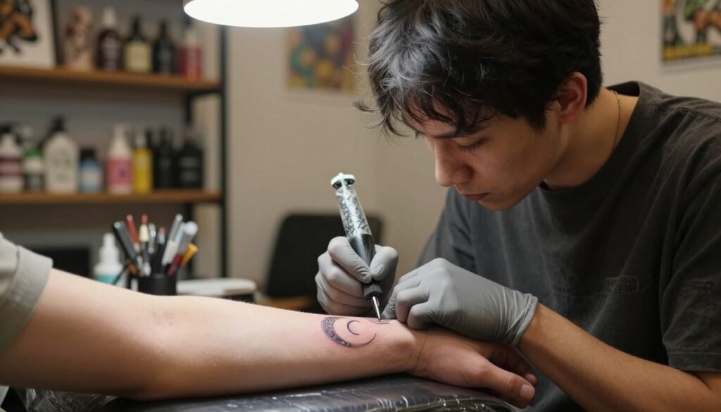 A serene tattoo studio interior, focusing on a skilled tattoo artist at work, meticulously inking a minimalist moon design on a client's forearm. The artist is dressed in casual professional attire, showing concentration and artistry. The background reveals shelves lined with tattoo supplies and artwork, while soft, warm overhead lighting creates an inviting ambiance. The angle captures both the artist's hand and the client's skin, close enough to detail the fine needlework and delicate lines of the moon tattoo. Subtle shadows enhance the depth, highlighting the textures of the skin and the ink. The overall mood is calm and focused, embodying the care and precision involved in the tattooing process. A serene tattoo studio interior, focusing on a skilled tattoo artist at work, meticulously inking a minimalist moon design on a client's forearm. The artist is dressed in casual professional attire, showing concentration and artistry. The background reveals shelves lined with tattoo supplies and artwork, while soft, warm overhead lighting creates an inviting ambiance. The angle captures both the artist's hand and the client's skin, close enough to detail the fine needlework and delicate lines of the moon tattoo. Subtle shadows enhance the depth, highlighting the textures of the skin and the ink. The overall mood is calm and focused, embodying the care and precision involved in the tattooing process.