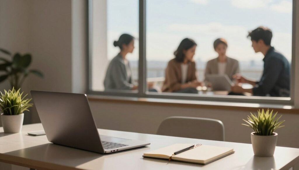 A serene workspace depicting the concept of digital minimalism illustrated through social media strategies. In the foreground, a clean desk with a closed laptop, a minimalist notebook, and a small potted plant. The middle layer features an open window displaying a clear sky, bringing in natural light that softly illuminates the scene. In the background, blurred silhouettes of people engaged in focused discussions about social media boundaries, dressed in professional attire. The atmosphere feels calm and focused, conveying the peacefulness of reducing online clutter. The lighting is warm and gentle, enhancing the minimalist aesthetic, captured from a slight overhead angle to provide depth and perspective.