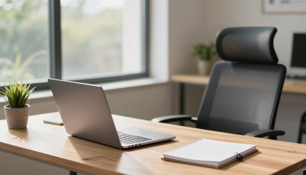 A serene workspace embodies minimalism, highlighting the benefits of digital decluttering for productivity and well-being. In the foreground, a clean wooden desk features a modern laptop, an organized planner, and a small plant, symbolizing tranquility and focus. The middle area reveals soft natural light streaming in through a large window, illuminating an inviting office space with neutral tones and minimal decor. A well-placed ergonomic chair enhances the atmosphere of calm efficiency. In the background, soft-focus greenery from outside suggests connection to nature. The mood is peaceful and inspiring, with a gentle interplay of light and shadow, captured from a slight angle that creates depth and draws the viewer into this harmonious environment.