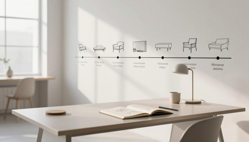 A serene workspace showcasing the essence of minimalist design history. In the foreground, a sleek, geometric desk with a few sophisticated design tools – a minimalist lamp, a sketchbook, and simple decor items. The middle ground features a timeline of influential minimalist designs, including iconic furniture pieces and architecture, presented as clean line drawings. The background reveals a bright, airy studio with large windows allowing soft, natural light to flood in, casting gentle shadows. The overall mood is calm and inspiring, emphasizing simplicity and elegance. Shot from a slightly elevated angle to capture the workspace layout, the image embodies clarity, creativity, and the foundational principles of minimalism in design. A serene workspace showcasing the essence of minimalist design history. In the foreground, a sleek, geometric desk with a few sophisticated design tools – a minimalist lamp, a sketchbook, and simple decor items. The middle ground features a timeline of influential minimalist designs, including iconic furniture pieces and architecture, presented as clean line drawings. The background reveals a bright, airy studio with large windows allowing soft, natural light to flood in, casting gentle shadows. The overall mood is calm and inspiring, emphasizing simplicity and elegance. Shot from a slightly elevated angle to capture the workspace layout, the image embodies clarity, creativity, and the foundational principles of minimalism in design.
