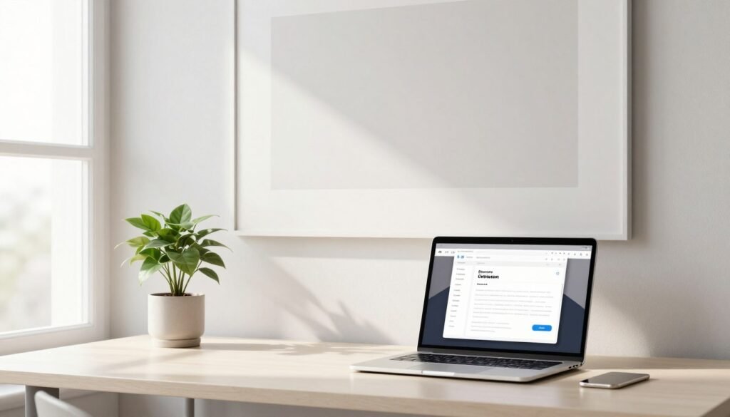 A serene workspace that embodies minimalism in social media branding. In the foreground, a sleek, simple desk with a laptop displaying a clean, modern user interface. A stylish plant sits beside the laptop, emphasizing the balance between nature and technology. In the middle, a large, monochromatic wall art piece reflects minimalist design principles, with soft, neutral colors creating a calm atmosphere. The background features a bright, airy window that lets natural light flood the space, enhancing the tranquility and focus of the environment. The overall mood is professional yet inviting, suggesting that minimalism is both a fashion statement and a lasting lifestyle choice. Soft shadows play across the desk, adding depth while maintaining a clean aesthetic. A serene workspace that embodies minimalism in social media branding. In the foreground, a sleek, simple desk with a laptop displaying a clean, modern user interface. A stylish plant sits beside the laptop, emphasizing the balance between nature and technology. In the middle, a large, monochromatic wall art piece reflects minimalist design principles, with soft, neutral colors creating a calm atmosphere. The background features a bright, airy window that lets natural light flood the space, enhancing the tranquility and focus of the environment. The overall mood is professional yet inviting, suggesting that minimalism is both a fashion statement and a lasting lifestyle choice. Soft shadows play across the desk, adding depth while maintaining a clean aesthetic.