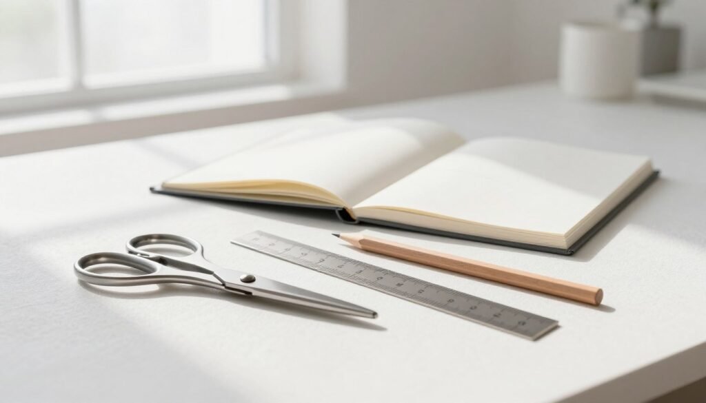 A set of minimalistic design tools arranged on a clean, white workspace. In the foreground, sleek metal scissors, a simple, elegant ruler, and a smooth wooden pencil lie on a textured, soft fabric. The middle layer features a design sketchbook opened to a blank page, hinting at potential creativity. The background showcases a bright, airy studio environment with large windows allowing natural light to flood in, casting soft shadows. The composition is harmonious, emphasizing simplicity and elegance. Use a shallow depth of field to blur the background slightly, keeping the focus on the tools. The overall mood should evoke inspiration and clarity, perfect for a minimalistic design aesthetic. A set of minimalistic design tools arranged on a clean, white workspace. In the foreground, sleek metal scissors, a simple, elegant ruler, and a smooth wooden pencil lie on a textured, soft fabric. The middle layer features a design sketchbook opened to a blank page, hinting at potential creativity. The background showcases a bright, airy studio environment with large windows allowing natural light to flood in, casting soft shadows. The composition is harmonious, emphasizing simplicity and elegance. Use a shallow depth of field to blur the background slightly, keeping the focus on the tools. The overall mood should evoke inspiration and clarity, perfect for a minimalistic design aesthetic.