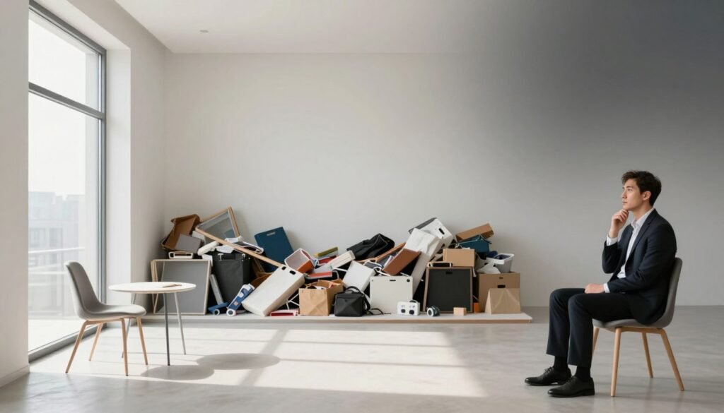 A side-by-side comparison illustrating the contrast between unrealistic expectations and the reality of minimalism. In the foreground, depict a bright, spacious room with sleek, modern furniture showcasing a perfectly organized and sleek minimal aesthetic, including a single chair, a small table, and a large, unobstructed window. In contrast, the middle layer should reveal a cluttered space, with mismatched items, a chaotic arrangement of possessions, and unkempt surfaces. The background features a soft gradient from light to dark to symbolize the blend of aspiration and reality. Use natural lighting streaming through the window to enhance the emotions of hope and disappointment. The atmosphere should evoke a sense of contemplation and learning. Ensure any human subjects are dressed in professional business attire, observing the scene thoughtfully. A side-by-side comparison illustrating the contrast between unrealistic expectations and the reality of minimalism. In the foreground, depict a bright, spacious room with sleek, modern furniture showcasing a perfectly organized and sleek minimal aesthetic, including a single chair, a small table, and a large, unobstructed window. In contrast, the middle layer should reveal a cluttered space, with mismatched items, a chaotic arrangement of possessions, and unkempt surfaces. The background features a soft gradient from light to dark to symbolize the blend of aspiration and reality. Use natural lighting streaming through the window to enhance the emotions of hope and disappointment. The atmosphere should evoke a sense of contemplation and learning. Ensure any human subjects are dressed in professional business attire, observing the scene thoughtfully.