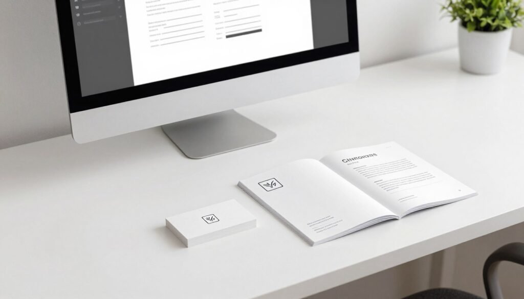 A sleek and modern workspace showcasing minimalism in brand identity. In the foreground, a clean, white desk with a simple, elegant logo design on a business card and a minimalist brand guideline booklet. In the middle ground, a stylish computer monitor displays a digital design mockup featuring thin lines and a limited color palette, emphasizing simplicity. The background includes soft, diffused lighting that creates a calm and professional atmosphere, with a subtle hint of green from a small potted plant. The scene captures a sense of creativity and clarity, showcasing the essence of minimalism in visual brand identity. The angle is slightly elevated, offering a broad perspective of the workspace environment.