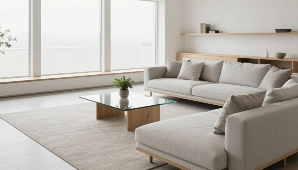A sleek, minimalist residential living room interior featuring a light color palette of whites, soft grays, and natural wood tones. In the foreground, a low-profile, modern sofa adorned with a few textured cushions sits on a simple, neutral area rug. The middle ground includes a minimalist coffee table made of glass and wood, supplemented by a small potted plant for a touch of greenery. The background is dominated by large windows, allowing for ample natural light that softly illuminates the space, enhancing the airy atmosphere. The room has open shelves displaying a few curated decor items. Capture this scene from a slightly elevated angle, creating a sense of depth and serenity, while embodying the essence of minimalist design. A sleek, minimalist residential living room interior featuring a light color palette of whites, soft grays, and natural wood tones. In the foreground, a low-profile, modern sofa adorned with a few textured cushions sits on a simple, neutral area rug. The middle ground includes a minimalist coffee table made of glass and wood, supplemented by a small potted plant for a touch of greenery. The background is dominated by large windows, allowing for ample natural light that softly illuminates the space, enhancing the airy atmosphere. The room has open shelves displaying a few curated decor items. Capture this scene from a slightly elevated angle, creating a sense of depth and serenity, while embodying the essence of minimalist design.