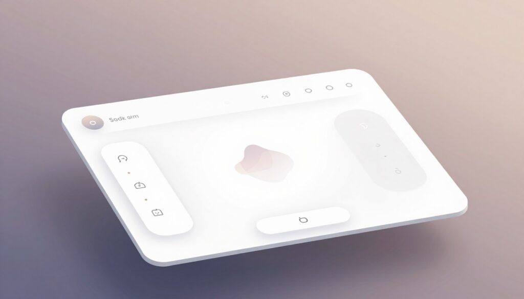 A sleek, modern digital user interface design set against a soft gradient background, reflecting minimalism in digital design. The foreground features a sophisticated layout with clean lines, ample white space, and an elegant color scheme of muted pastels. In the middle, subtle geometric shapes and icons are displayed, showcasing intuitive navigation elements like buttons and menus. The background is softly blurred, hinting at a high-tech environment. The lighting is soft and diffused, creating a calming atmosphere that emphasizes the minimalist aesthetic. Angled from a bird's-eye view, the composition invites a sense of professionalism and clarity, embodying the principles of effective UI/UX design in the digital age. A sleek, modern digital user interface design set against a soft gradient background, reflecting minimalism in digital design. The foreground features a sophisticated layout with clean lines, ample white space, and an elegant color scheme of muted pastels. In the middle, subtle geometric shapes and icons are displayed, showcasing intuitive navigation elements like buttons and menus. The background is softly blurred, hinting at a high-tech environment. The lighting is soft and diffused, creating a calming atmosphere that emphasizes the minimalist aesthetic. Angled from a bird's-eye view, the composition invites a sense of professionalism and clarity, embodying the principles of effective UI/UX design in the digital age.