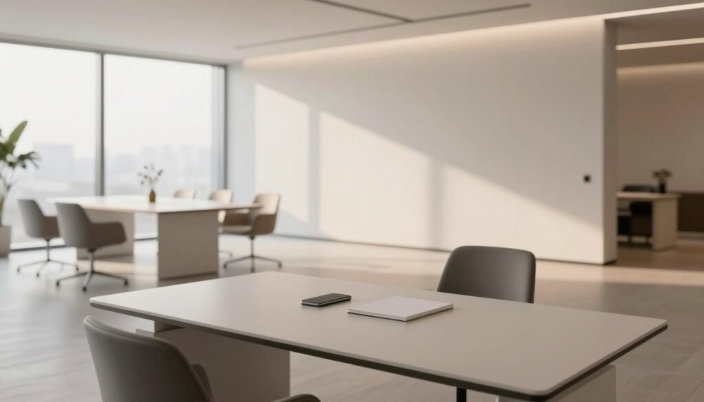 A sleek, modern office space illustrating minimalist design applications across various sectors. In the foreground, a contemporary desk with minimalistic design elements and a few essential items, like a smartphone and a notepad. The middle ground showcases a bright and airy meeting area featuring simple, elegant furniture and unobtrusive decor, promoting a sense of calm and focus. In the background, large windows let in natural light, enhancing the tranquility of the space. Warm, soft lighting casts gentle shadows, emphasizing the clean lines and uncluttered surfaces. The overall mood is serene and professional, embodying the essence of minimalism in design. A sleek, modern office space illustrating minimalist design applications across various sectors. In the foreground, a contemporary desk with minimalistic design elements and a few essential items, like a smartphone and a notepad. The middle ground showcases a bright and airy meeting area featuring simple, elegant furniture and unobtrusive decor, promoting a sense of calm and focus. In the background, large windows let in natural light, enhancing the tranquility of the space. Warm, soft lighting casts gentle shadows, emphasizing the clean lines and uncluttered surfaces. The overall mood is serene and professional, embodying the essence of minimalism in design.