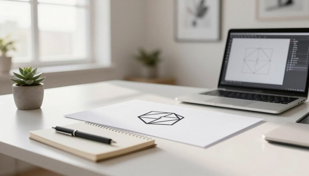 A sleek, modern workspace featuring practical tips for minimalist design. In the foreground, a clean desk with a stylish notebook, a minimalist pen, and a small potted succulent, showcasing organized simplicity. The middle ground reveals an elegant, geometric logo design on clean white paper, with a faint outline of design software on a laptop screen. In the background, soft natural light streams through large windows, illuminating the space with a warm glow. The walls are adorned with simple, monochromatic artwork that emphasizes minimalism. The atmosphere is calm and focused, embodying efficiency and clarity in design. Use a shallow depth of field to keep the focus on the logo and desk items, while softly blurring the background for a professional touch. A sleek, modern workspace featuring practical tips for minimalist design. In the foreground, a clean desk with a stylish notebook, a minimalist pen, and a small potted succulent, showcasing organized simplicity. The middle ground reveals an elegant, geometric logo design on clean white paper, with a faint outline of design software on a laptop screen. In the background, soft natural light streams through large windows, illuminating the space with a warm glow. The walls are adorned with simple, monochromatic artwork that emphasizes minimalism. The atmosphere is calm and focused, embodying efficiency and clarity in design. Use a shallow depth of field to keep the focus on the logo and desk items, while softly blurring the background for a professional touch.