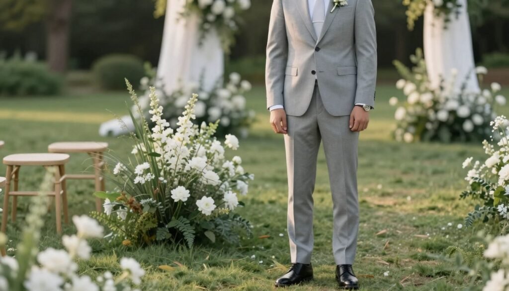 A sophisticated, minimalist wedding scene featuring a well-dressed groom in a tailored, light gray suit, paired with a crisp white shirt and a matching tie. He stands confidently in the foreground, showcasing an elegant wristwatch and polished shoes. In the middle ground, a serene garden with soft, natural greenery surrounds him, highlighted by delicate white flowers. The background includes blurred hints of elegant wedding decor, like simple white drapes and understated floral arrangements, evoking a peaceful atmosphere. The scene is softly illuminated by warm, golden light, suggesting late afternoon, and captured from a slightly elevated angle, adding depth. The overall mood is classy and refined, perfect for a modern, minimalist aesthetic.