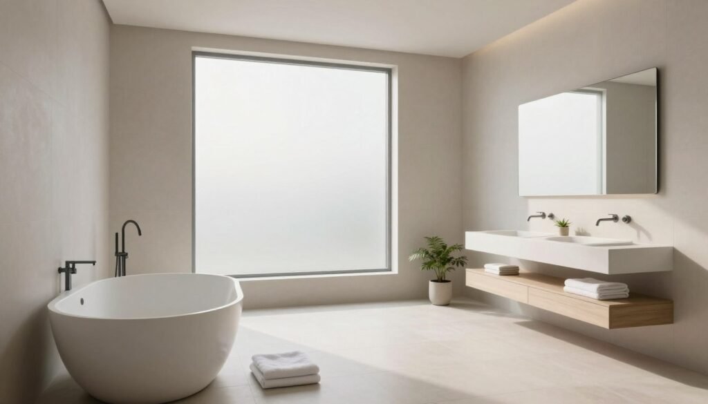 A spacious minimalist bathroom that embodies simplicity and tranquility. The foreground features a sleek, freestanding bathtub with soft, fluffy towels neatly arranged nearby. In the middle ground, a large frosted window allows natural light to filter in, casting gentle shadows on the pale, matte walls. A stylish, modern sink with clean lines complements the minimalist aesthetic, surrounded by small potted plants. The background showcases a subtle view of neutral-colored tiles that create a calming atmosphere. Soft, diffused lighting enhances the sense of spaciousness, while a wide-angle lens captures the entire scene, emphasizing clarity and elegance. The overall mood is serene and inviting, highlighting the advantages of a minimalist design.