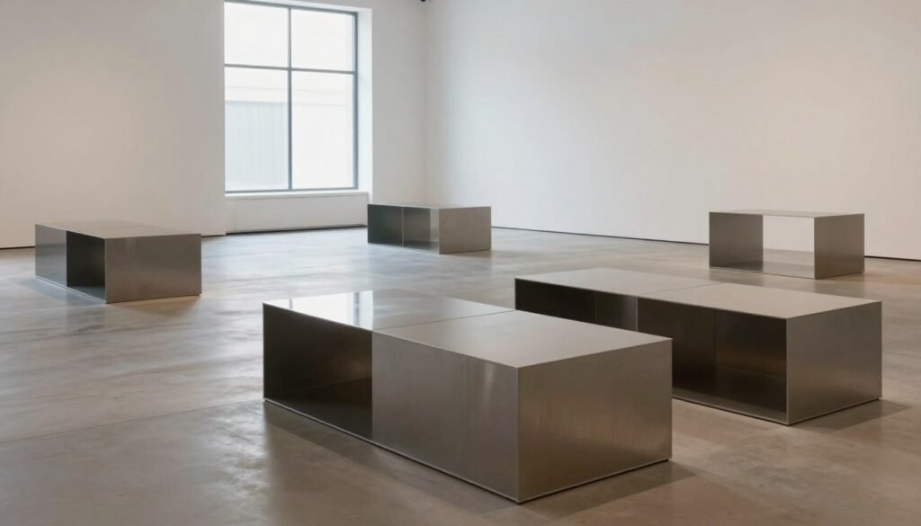 A spacious, minimalist gallery showcasing a series of Donald Judd's iconic geometric sculptures. In the foreground, there are several large, metallic boxes arranged neatly, their surfaces reflecting the ambient light, emphasizing their industrial quality. The middle space features minimalist installations with sharp angles and clean lines, utilizing muted colors like gray and white to evoke a sense of serenity. The background reveals a large window letting in soft, natural light, illuminating the gallery and casting gentle shadows. The atmosphere is tranquil and contemplative, inviting viewers to engage with the simplicity and precision of Judd's work. The image should be captured from a slightly elevated angle, optimizing the perspective of the artwork and space. Ensure there are no humans present in the scene.