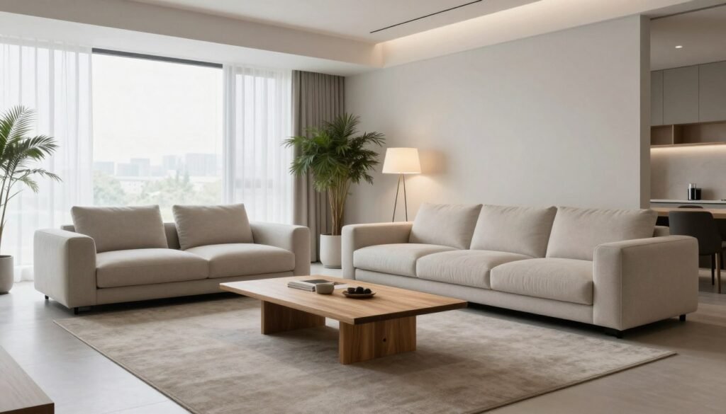 A spacious, modern minimalist living room featuring sleek, contemporary furniture. In the foreground, a low-profile, light-colored sofa with clean lines sits beside a minimalist coffee table made of natural wood. A stylish floor lamp with a geometric design illuminates the space softly, creating a warm ambiance. In the middle ground, a large potted plant adds a touch of greenery, while a textured rug anchors the seating area. The background features a large window with sheer curtains, allowing natural light to flood in and highlighting the subtle color palette of whites, greys, and earth tones. The overall mood is serene and inviting, embodying the essence of functional design. Use a wide-angle lens to capture the open layout.