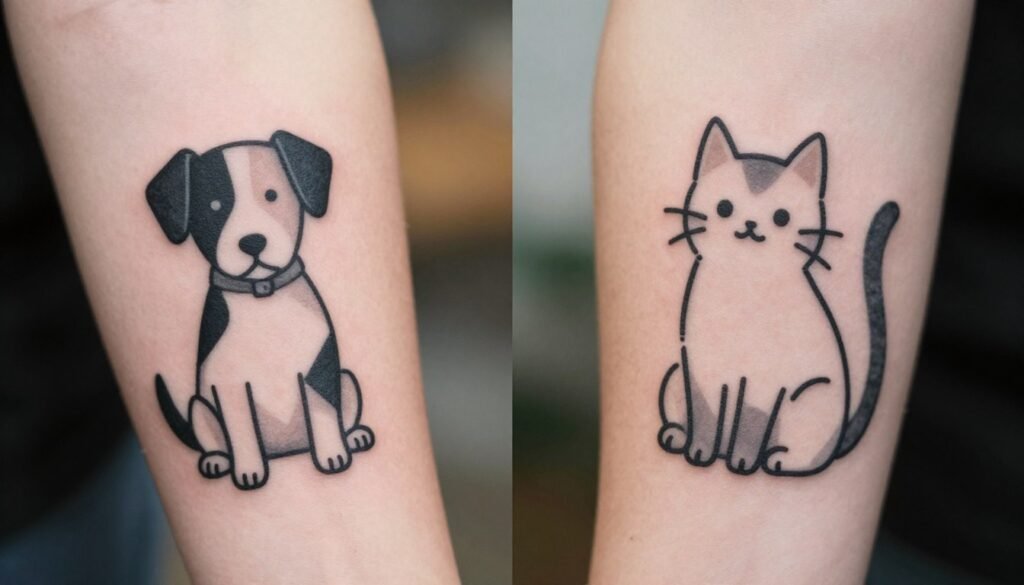 A split image featuring two distinct tattoo designs: on the left, a minimalist dog tattoo illustrated in black ink, showcasing clean lines and geometric shapes, emphasizing loyalty and companionship. On the right, a playful minimalist cat tattoo in a similar style, maintaining soft curves, symbolizing independence and elegance. The foreground focuses on the tattoos themselves, while the middle ground softly fades into an abstract background of muted colors, enhancing the art without distraction. Illuminate the scene with soft, natural lighting, giving a warm and inviting atmosphere. The image should be captured from a slightly elevated angle, allowing for a clear view of both tattoos, inviting viewers to reflect on the contrast and connection between them.