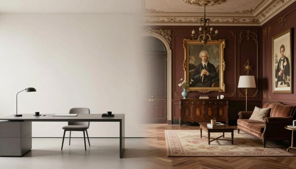 A split scene showcasing a minimalist design on one side and a traditional design on the other, clearly contrasting the two styles. In the foreground, a sleek, modern workspace with clean lines, neutral colors, and minimal furnishings representing minimalist design. The opposite side features a rich, ornate room filled with intricate details, antique furniture, and classic artwork, illustrating traditional design. In the middle ground, a soft gradient blending the two styles, creating a harmonious transition. The background includes soft, ambient lighting highlighting the features of both designs, with a focus on the textures of materials used. The overall atmosphere is one of thoughtful comparison, inviting the viewer to appreciate the beauty of both design philosophies without any distractions or text overlays.