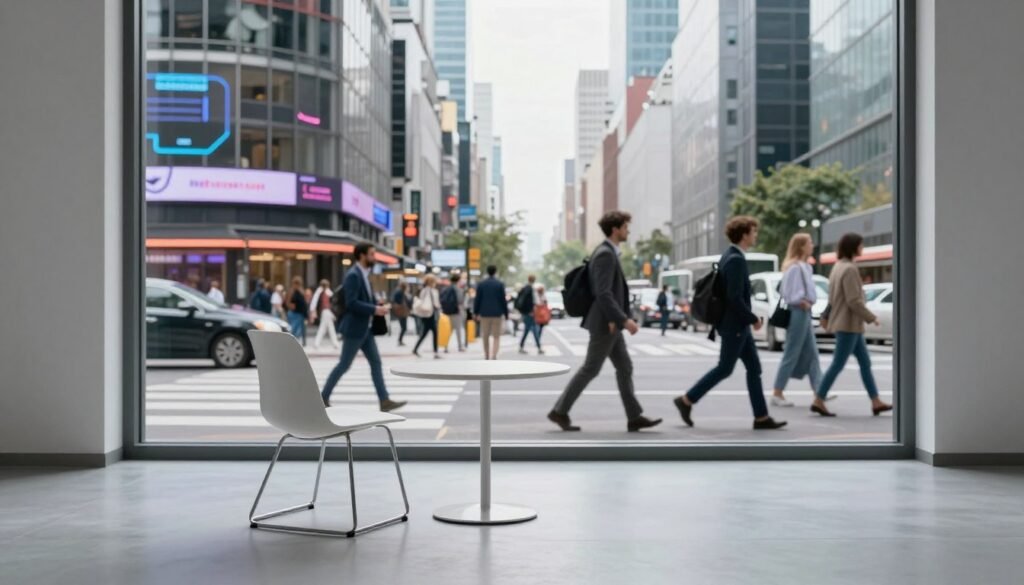 A striking conceptual image juxtaposing minimalism and modern life. In the foreground, a sleek, empty room with a single, stylish chair and a small table, emitting a sterile, cold vibe. In the middle ground, a chaotic street scene filled with modern distractions like billboards, technology, and busy pedestrians dressed in a mix of professional business attire and casual clothing, symbolizing the clash of lifestyles. The background shows a skyline of contemporary buildings, enhancing the feeling of urban intensity. Use soft, diffused natural light to create a sense of contrast between the serene foreground and the bustling middle ground. The mood is thought-provoking, inviting curiosity about the tension between simplicity and complexity in modern living.