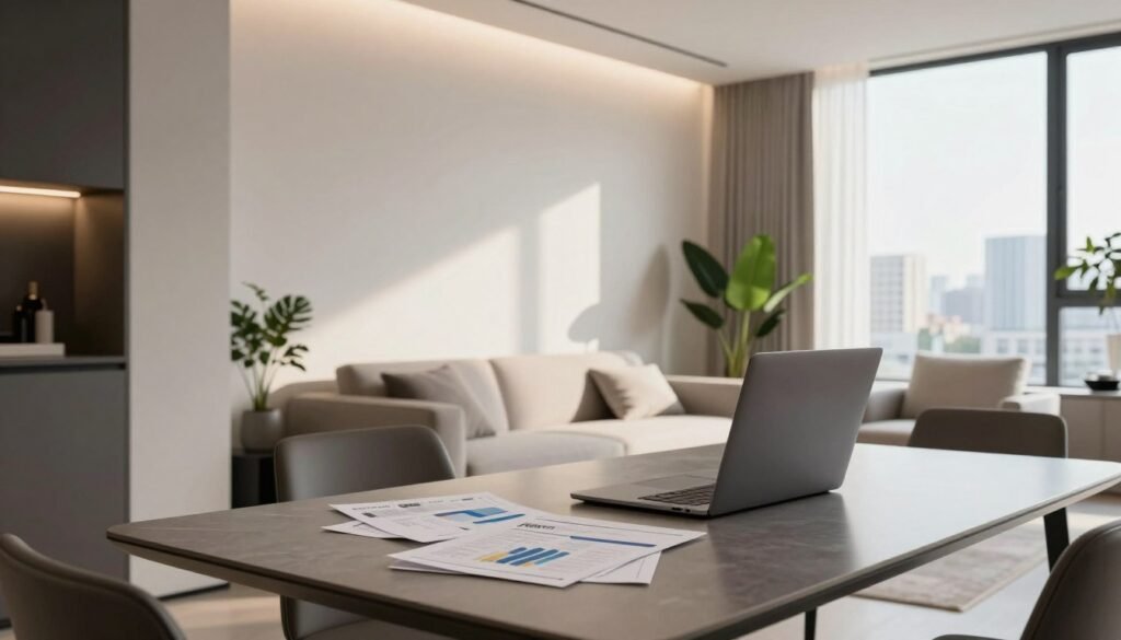 A stylish and modern minimalist apartment interior, designed for small spaces. In the foreground, a sleek, contemporary dining table with a laptop and investment reports scattered on it, signifying investment strategies. In the middle, a compact living area featuring a minimalist sofa and a few decorative plants, with soft, warm lighting highlighting the clean lines and functionality of the furniture. In the background, large windows allow natural light to flood in, showcasing a cityscape view outside. The atmosphere is calm yet inspiring, evoking a sense of creativity and smart investment choices in urban living. Capture the scene from a slight low angle, emphasizing the spatial dynamics, and creating an inviting ambiance.