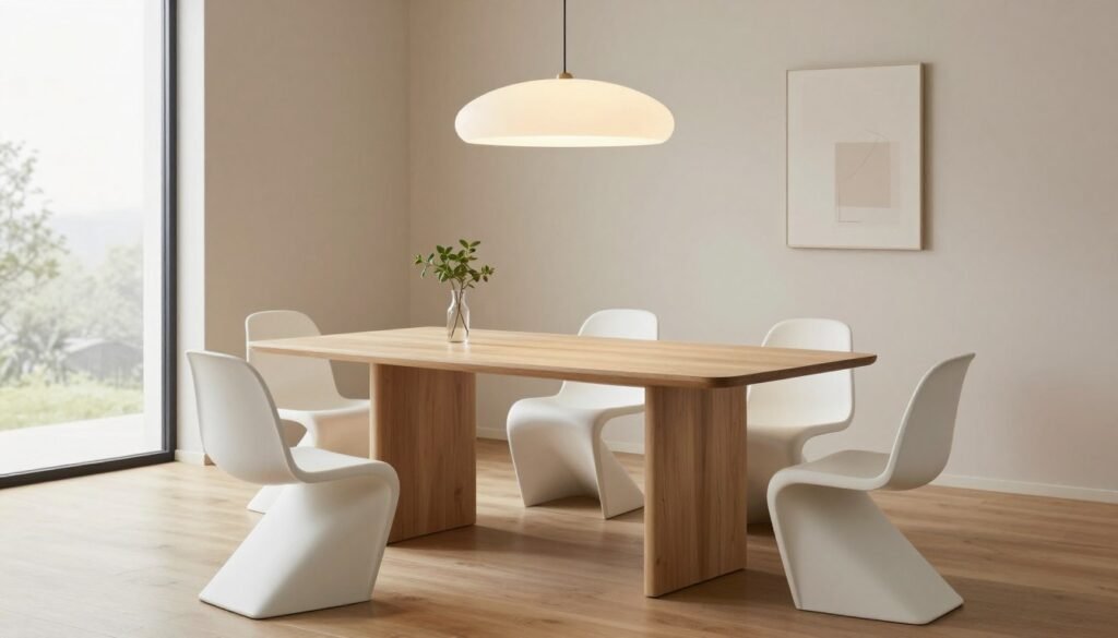 A stylish, minimalist dining room featuring a sleek, modern table made of light wood, surrounded by white, geometric chairs. The setting showcases neutral tones, with soft beige walls and a warm wooden floor. A tasteful modern chandelier with soft, diffused lighting hangs above the table, casting a gentle glow. In the background, there is a large window allowing natural light to flood in, revealing a serene outdoor view. Subtle decor elements such as a single green plant on the table and minimalist art pieces on the walls enhance the atmosphere. The composition emphasizes simplicity and elegance, evoking a sense of tranquility and sophistication.