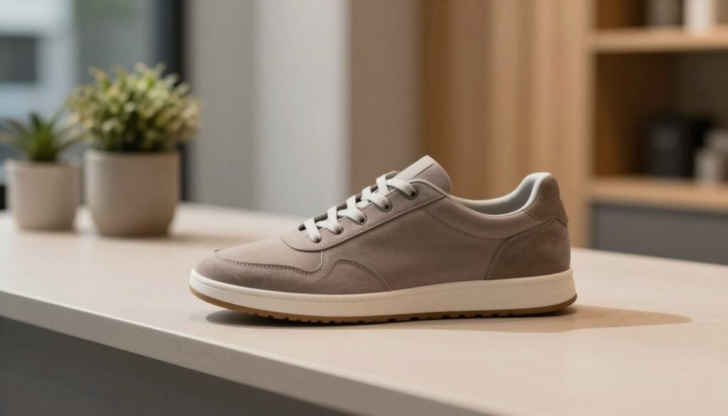A stylish, minimalist sneaker displayed prominently in the foreground on a clean, modern surface. The shoe's sleek design features a streamlined silhouette, soft textures, and an earthy color palette with soft browns and muted grays. In the background, a subtle, blurred urban environment, evoking a sense of everyday lifestyle, minimalistic decor elements like potted plants and wooden textures, suggesting comfort and simplicity. The lighting is warm and inviting, casting gentle shadows to highlight the sneaker's details. Capture this scene with a shallow depth of field from a slightly elevated angle, creating an inviting and casual atmosphere that embodies both style and comfort in daily wear.