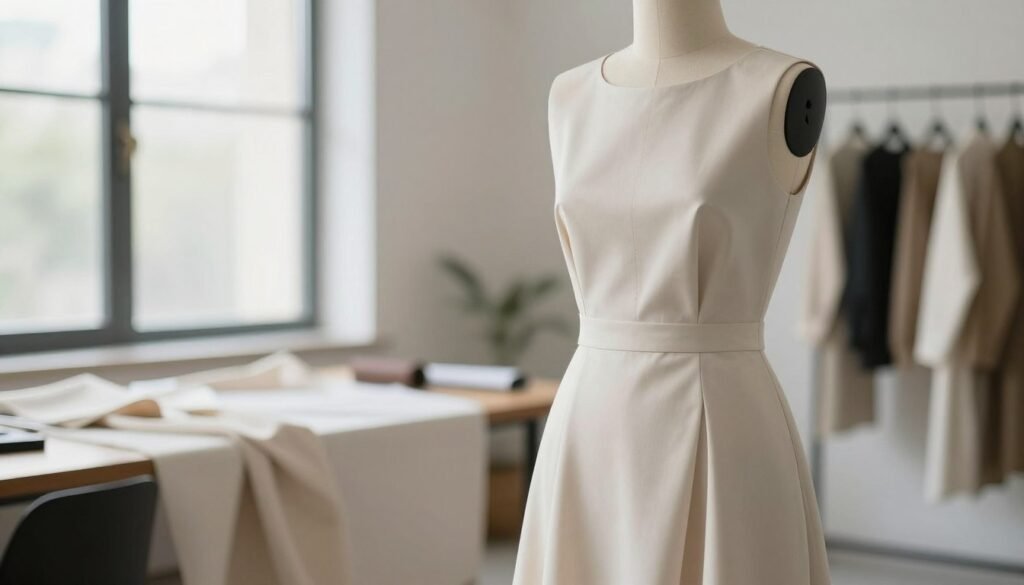 A stylish, minimalistic dress displayed on a sleek, modern mannequin in a well-lit studio setting. The dress features clean lines and a neutral color palette, showcasing high-quality fabrics such as cotton and silk. In the foreground, the focus is on the dress's unique tailoring and subtle details, highlighting elegant cuts and craftsmanship. The middle ground includes soft draped fabric samples in various textures that complement the dress, evoking a sense of sophistication. The background features a blurred view of a fashion design workspace with natural light streaming in through large windows, creating a serene and inspiring atmosphere. The overall mood is chic and refined, perfect for showcasing the essence of timeless minimalist fashion.