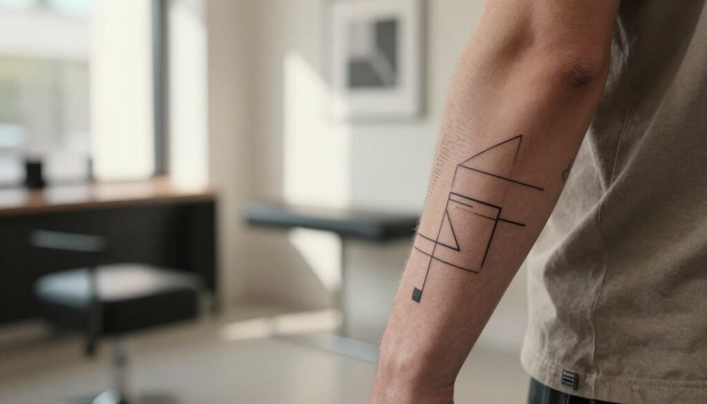 A stylish, minimalistic tattoo design showcased prominently on a well-groomed man's forearm, featuring geometric shapes and clean lines that reflect a modern aesthetic. The foreground captures the tattoo in intricate detail, emphasizing the sharp black ink against the man's light skin tone. The middle ground includes a blurred hint of a contemporary tattoo studio with minimalist decor and soft, neutral colors. In the background, indirect sunlight pours through a large window, creating a warm and inviting atmosphere. The mood is calm and sophisticated, highlighting the elegance of minimalist tattoos. Use a soft focus lens to accentuate the tattoo details while keeping the surrounding elements subtly out of focus. No text or watermarks are present; the image purely showcases the artistry and essence of minimalistic tattoo designs. A stylish, minimalistic tattoo design showcased prominently on a well-groomed man's forearm, featuring geometric shapes and clean lines that reflect a modern aesthetic. The foreground captures the tattoo in intricate detail, emphasizing the sharp black ink against the man's light skin tone. The middle ground includes a blurred hint of a contemporary tattoo studio with minimalist decor and soft, neutral colors. In the background, indirect sunlight pours through a large window, creating a warm and inviting atmosphere. The mood is calm and sophisticated, highlighting the elegance of minimalist tattoos. Use a soft focus lens to accentuate the tattoo details while keeping the surrounding elements subtly out of focus. No text or watermarks are present; the image purely showcases the artistry and essence of minimalistic tattoo designs.