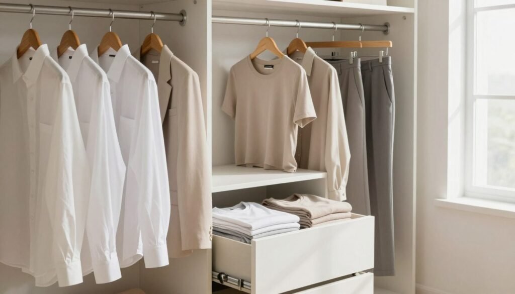 A stylish, minimalistic wardrobe layout featuring a well-organized selection of essential clothing pieces in neutral tones, such as soft whites, beiges, and grays. In the foreground, display neatly hung shirts and blouses alongside a few tailored trousers, all arranged harmoniously on sleek wooden hangers. The middle ground should include an open drawer revealing folded basics like t-shirts and lightweight sweaters, emphasizing simplicity and function. In the background, soft, natural light filters in through a large window, casting gentle shadows that highlight the wardrobe’s clean lines. The atmosphere is calm and inviting, promoting a sense of clarity and intentionality, perfect for planning a minimalistic wardrobe.