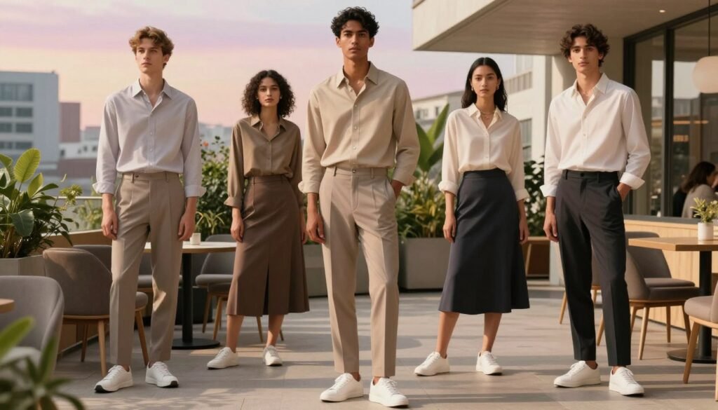 A stylish, modern setting showcasing a variety of contemporary outfits centered around a minimalist shirt. In the foreground, a diverse group of three individuals wearing elegant combinations of tailored trousers, chic skirts, and minimalist sneakers, each paired with a sleek, minimalistic shirt in neutral tones. In the middle ground, a sunlit café scene filled with greenery, featuring stylish furniture that complements the fashionable attire. The background showcases an urban landscape with modern architecture and soft pastel colors in the sky during golden hour, creating an inviting and sophisticated atmosphere. The lighting is warm and soft, enhancing textures and details, as if captured with a 35mm lens at a slight upward angle, conveying a sense of empowerment and elegance.