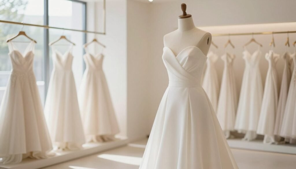 A tranquil bridal scene featuring a minimalist wedding dress, elegantly draped on a mannequin in the foreground. The dress should be composed of soft, flowing fabric with subtle detailing, emphasizing simplicity and sophistication. In the background, a serene, softly lit interior of a modern bridal boutique, showcasing additional minimalist gowns on elegant display racks. Natural light streams in through large windows, creating a warm and inviting atmosphere. The color palette should be muted, with whites, creams, and delicate pastels to evoke a sense of calmness and elegance. Use a shallow depth of field to softly blur the background, ensuring the dress remains the focal point. Aim for a dreamy, romantic mood that inspires future brides looking for minimalist wedding inspirations.