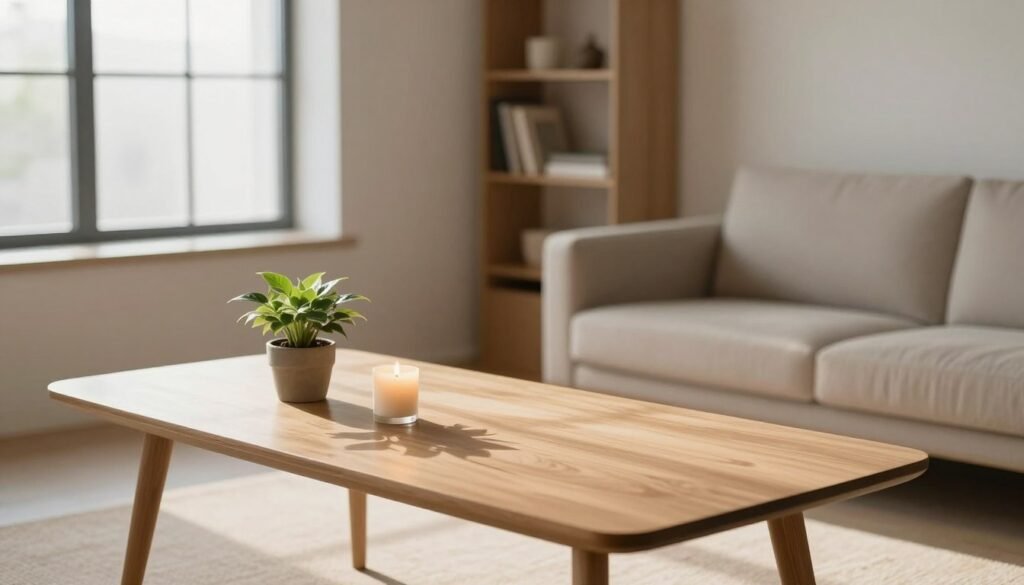 A tranquil, minimalist interior scene emphasizing the philosophy of minimalism. In the foreground, a simple, elegant wooden table with a single potted plant and a softly glowing candle. The middle ground features a clean, uncluttered space with a plush, neutral-toned sofa and a carefully arranged bookshelf, showcasing only a few select books and decorative items. In the background, a large window lets in warm, natural sunlight, casting gentle shadows across the room. The overall color palette is soft and muted, creating a serene atmosphere. The lens angle should be slightly tilted, focusing on the peacefulness and simplicity of the environment, evoking a sense of calm and mindfulness associated with minimalism. A tranquil, minimalist interior scene emphasizing the philosophy of minimalism. In the foreground, a simple, elegant wooden table with a single potted plant and a softly glowing candle. The middle ground features a clean, uncluttered space with a plush, neutral-toned sofa and a carefully arranged bookshelf, showcasing only a few select books and decorative items. In the background, a large window lets in warm, natural sunlight, casting gentle shadows across the room. The overall color palette is soft and muted, creating a serene atmosphere. The lens angle should be slightly tilted, focusing on the peacefulness and simplicity of the environment, evoking a sense of calm and mindfulness associated with minimalism.