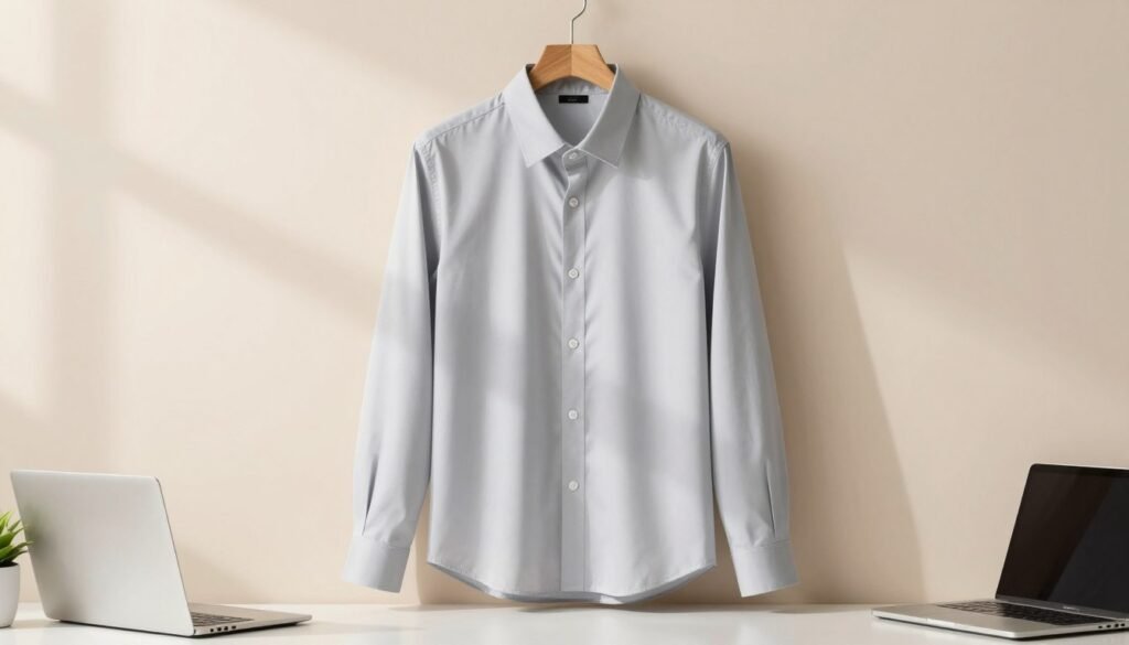 A versatile minimalist shirt displayed elegantly on a simple, light background. The shirt features a clean, tailored design with a crisp collar and subtle stitching details, evoking a modern aesthetic. It's styled on a wooden hanger, hanging slightly against a soft pastel wall, with natural sunlight casting gentle shadows, enhancing its texture. There's a subtle play of light reflecting off the fabric, emphasizing its quality and timeless appeal. In the foreground, a minimalist workspace with a sleek laptop and a small plant adds to the modern theme, while the background remains uncluttered, focusing attention on the shirt. The atmosphere is calming and sophisticated, inviting viewers to envision the shirt as a staple for chic, contemporary wardrobes.