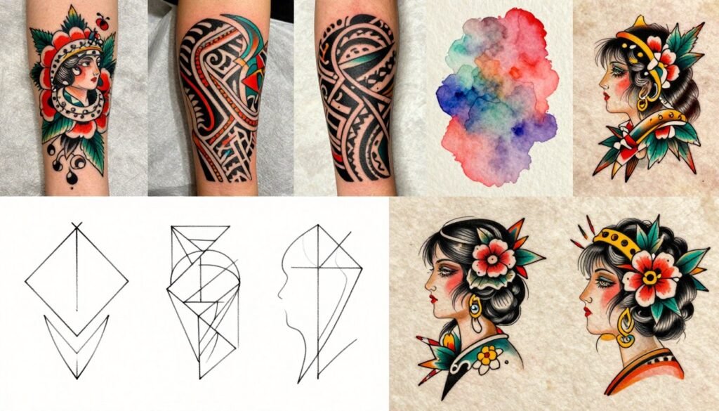 A vibrant and informative collage showcasing a comparison of various tattoo styles, including minimalist, traditional, tribal, and watercolor designs. In the foreground, an elegant representation of minimalist tattoos featuring simple geometric shapes and fine lines, contrasted with bold traditional tattoos characterized by vivid colors and detailed imagery. In the middle, artistic depictions of tribal tattoos, known for their intricate patterns and deep meanings, alongside soft watercolor tattoos that blend colors delicately. The background features a neutral canvas that enhances the colors and details of each style. The lighting is bright and even, highlighting the textures of the tattoos while creating a clean, professional atmosphere. The overall mood is informative and artistic, perfect for illustrating the diversity and beauty of tattoo styles. A vibrant and informative collage showcasing a comparison of various tattoo styles, including minimalist, traditional, tribal, and watercolor designs. In the foreground, an elegant representation of minimalist tattoos featuring simple geometric shapes and fine lines, contrasted with bold traditional tattoos characterized by vivid colors and detailed imagery. In the middle, artistic depictions of tribal tattoos, known for their intricate patterns and deep meanings, alongside soft watercolor tattoos that blend colors delicately. The background features a neutral canvas that enhances the colors and details of each style. The lighting is bright and even, highlighting the textures of the tattoos while creating a clean, professional atmosphere. The overall mood is informative and artistic, perfect for illustrating the diversity and beauty of tattoo styles.