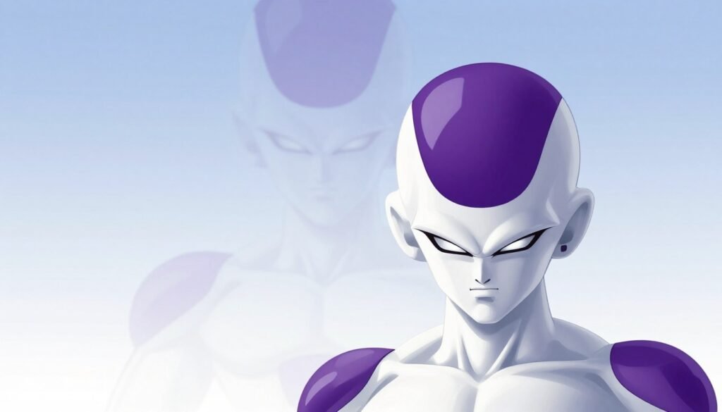 Create a minimalistic design inspired by Frieza, featuring a sleek and simplified interpretation. In the foreground, depict Frieza's iconic head with a smooth, stylized visage, emphasizing clean lines and a monochromatic color palette of white and purple. The middle ground should include a faint silhouette of his upper body, subtly integrated with abstract geometric shapes that suggest movement. The background should be a soft gradient, transitioning from light blue at the top to white at the bottom, creating a serene atmosphere. Use soft diffused lighting to highlight key features, with a camera angle that captures the essence of minimalism. The overall mood should evoke clarity and simplicity, focusing on the elegant design rather than excessive detail. Create a minimalistic design inspired by Frieza, featuring a sleek and simplified interpretation. In the foreground, depict Frieza's iconic head with a smooth, stylized visage, emphasizing clean lines and a monochromatic color palette of white and purple. The middle ground should include a faint silhouette of his upper body, subtly integrated with abstract geometric shapes that suggest movement. The background should be a soft gradient, transitioning from light blue at the top to white at the bottom, creating a serene atmosphere. Use soft diffused lighting to highlight key features, with a camera angle that captures the essence of minimalism. The overall mood should evoke clarity and simplicity, focusing on the elegant design rather than excessive detail.