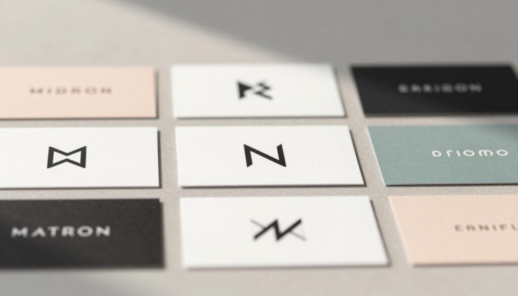 Create a visually striking image showcasing inspiring examples of minimalist brand logos. In the foreground, display a variety of sleek, simple logo designs featuring geometric shapes and limited color palettes—think classic black, white, and soft pastels. In the middle, arrange these logos on clean, modern business cards laid out neatly on a subtle, textured surface. The background should be softly blurred to emphasize the logos, with warm, natural lighting that casts gentle shadows, creating depth. Use a shallow depth of field to focus distinctly on the logos, evoking a sense of elegance and professionalism. The overall mood should be fresh, modern, and sophisticated, perfectly reflecting the ethos of minimalist design in branding. Create a visually striking image showcasing inspiring examples of minimalist brand logos. In the foreground, display a variety of sleek, simple logo designs featuring geometric shapes and limited color palettes—think classic black, white, and soft pastels. In the middle, arrange these logos on clean, modern business cards laid out neatly on a subtle, textured surface. The background should be softly blurred to emphasize the logos, with warm, natural lighting that casts gentle shadows, creating depth. Use a shallow depth of field to focus distinctly on the logos, evoking a sense of elegance and professionalism. The overall mood should be fresh, modern, and sophisticated, perfectly reflecting the ethos of minimalist design in branding.